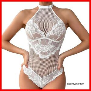 Lace Bodysuit Halter Teddy Mesh Sheer Nightgown Polyester Blend